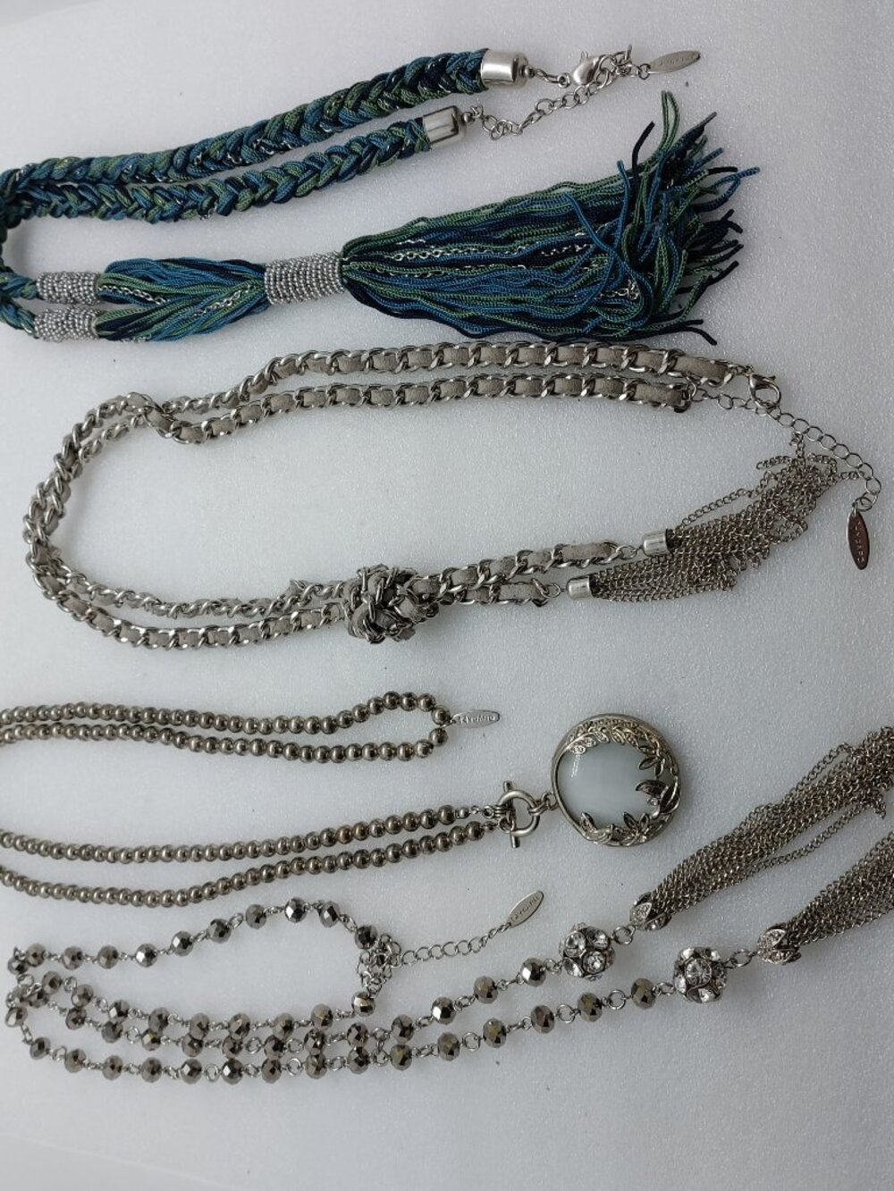 4 Long Necklaces Silver Tone, Tassel, Braided Signed Nygard